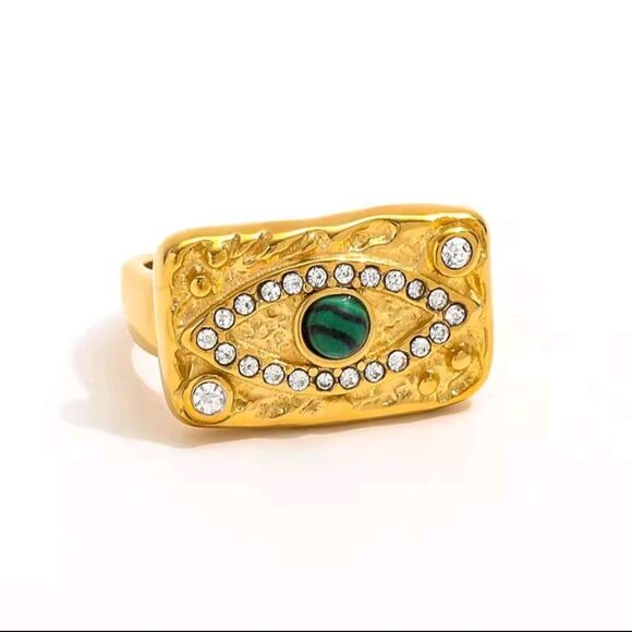 New ANTHRO 18k Gold Ss Evil Eye Malachite Talisman Ring - Picture 1 of 10